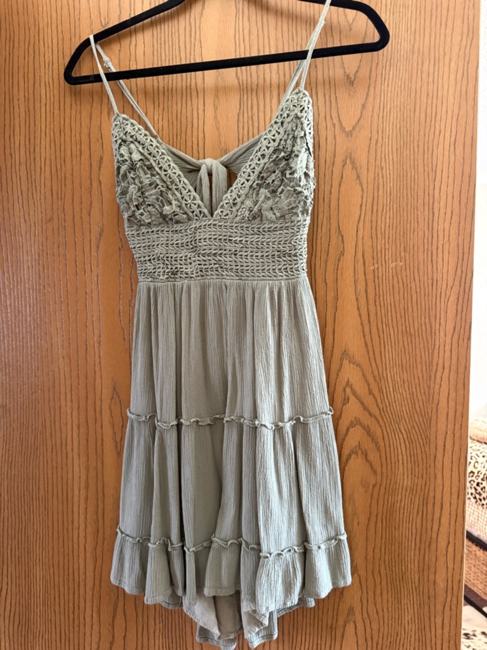 Spaghetti Strap Crochet Bodice Mini Dress in Sage